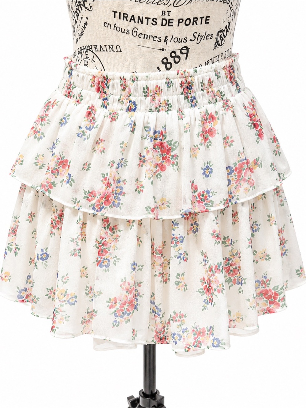 LoveShackFancy White Mini Skirt with Pink & Blue Floral Print